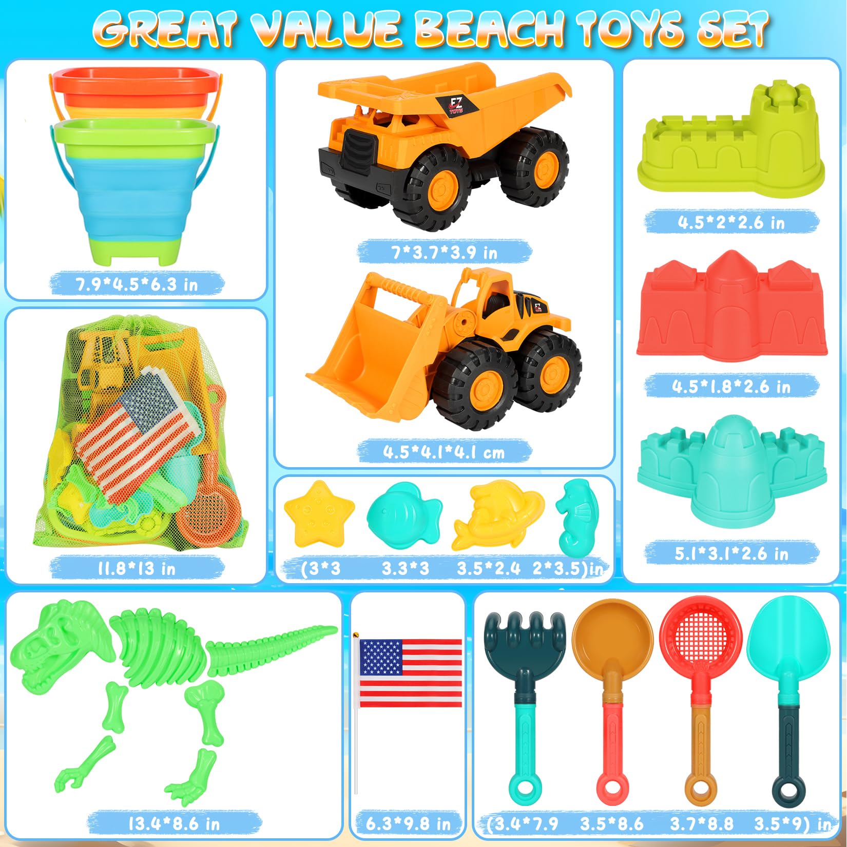 29PCS Beach Sand Toys Set for Kids Ages 3-10 - 2 Collapsible Buckets, 2 Dump Trucks, Dinosaur Molds, Castle Kit, Shovels & Mesh Storage Bag | Outdoor Sandbox & Travel Beach Toys for Toddlers | Perfect for Beach Vacations, Backyard Play & Summer Activities