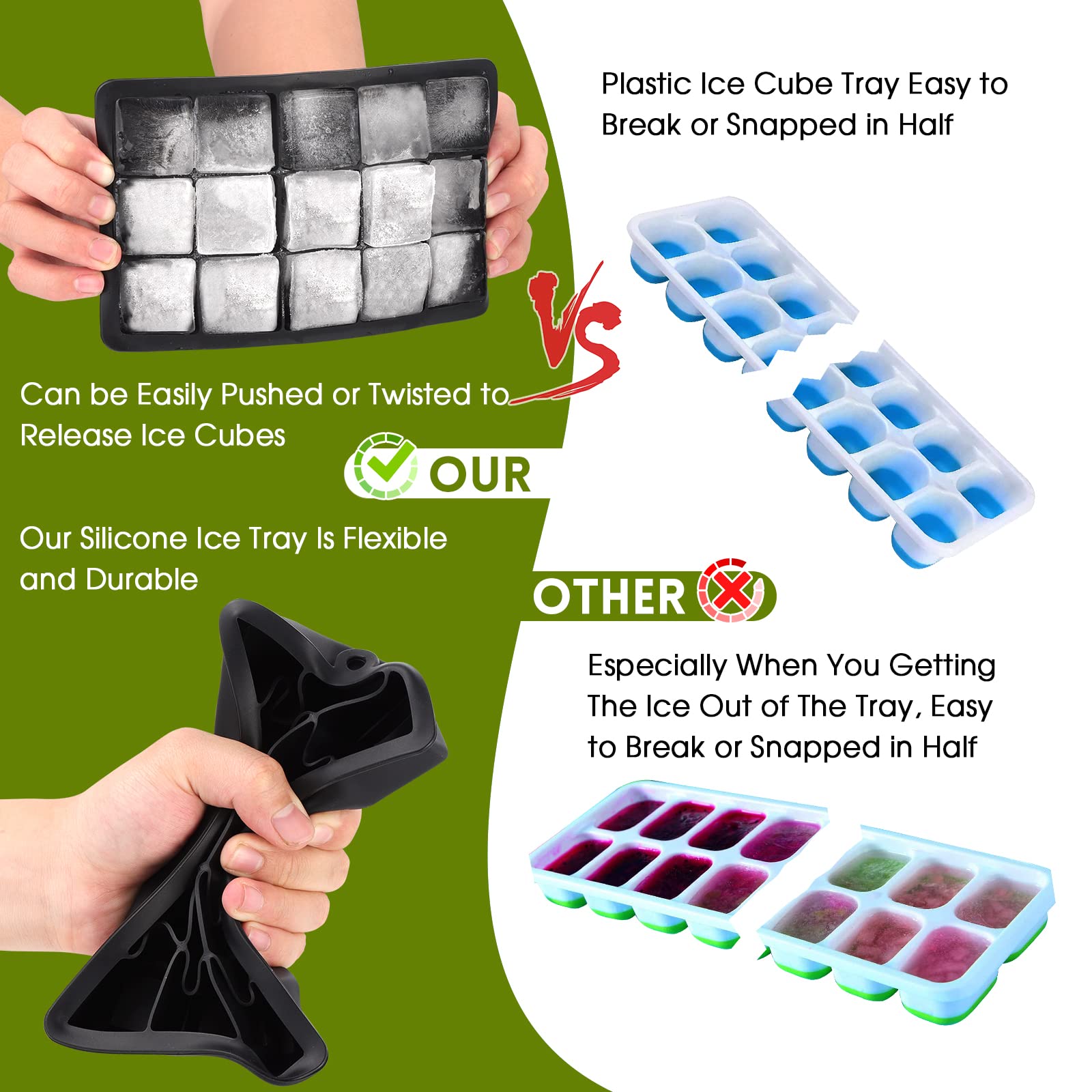 Sinnsally 3-Pack Silicone Ice Cube Trays with Lid - 15 Square Ice Molds for Whiskey, Cocktails & Beverages | BPA-Free, Easy Release Freezer Containers | Perfect for Home Bars, Parties & Everyday Use