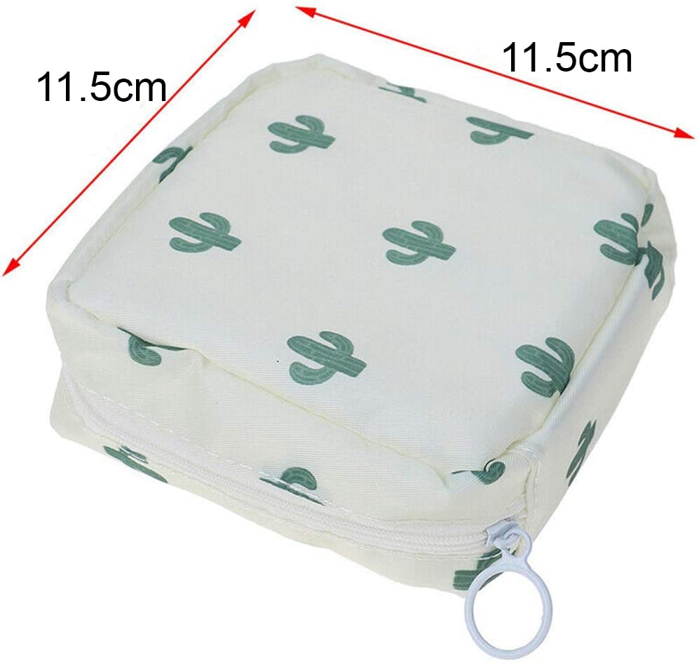 Quirky Nylon Sanitary Napkin Storage Bag with Zipper - Discreet Menstrual Pad Organizer for Purse & Travel - First Period Kit for Teen Girls - Women's Hygiene Essential (White Cactus Design) - Perfect for School, Work, Gym & On-the-Go