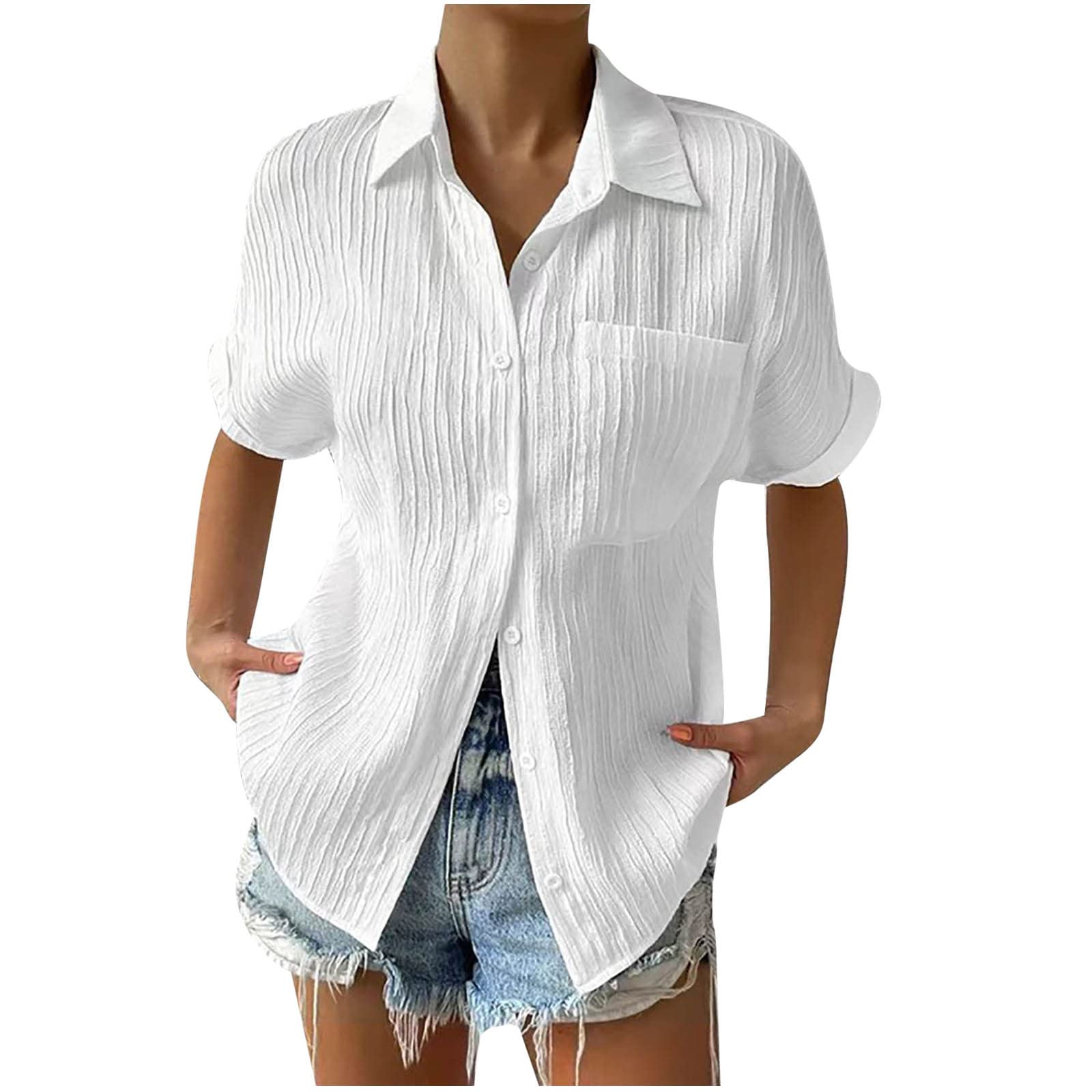 Women's Textured Button Down Blouse - Short Sleeve Collared T-Shirt | Dressy Work Tops & Casual Shirts for Office, Date Night & Weekend Outings