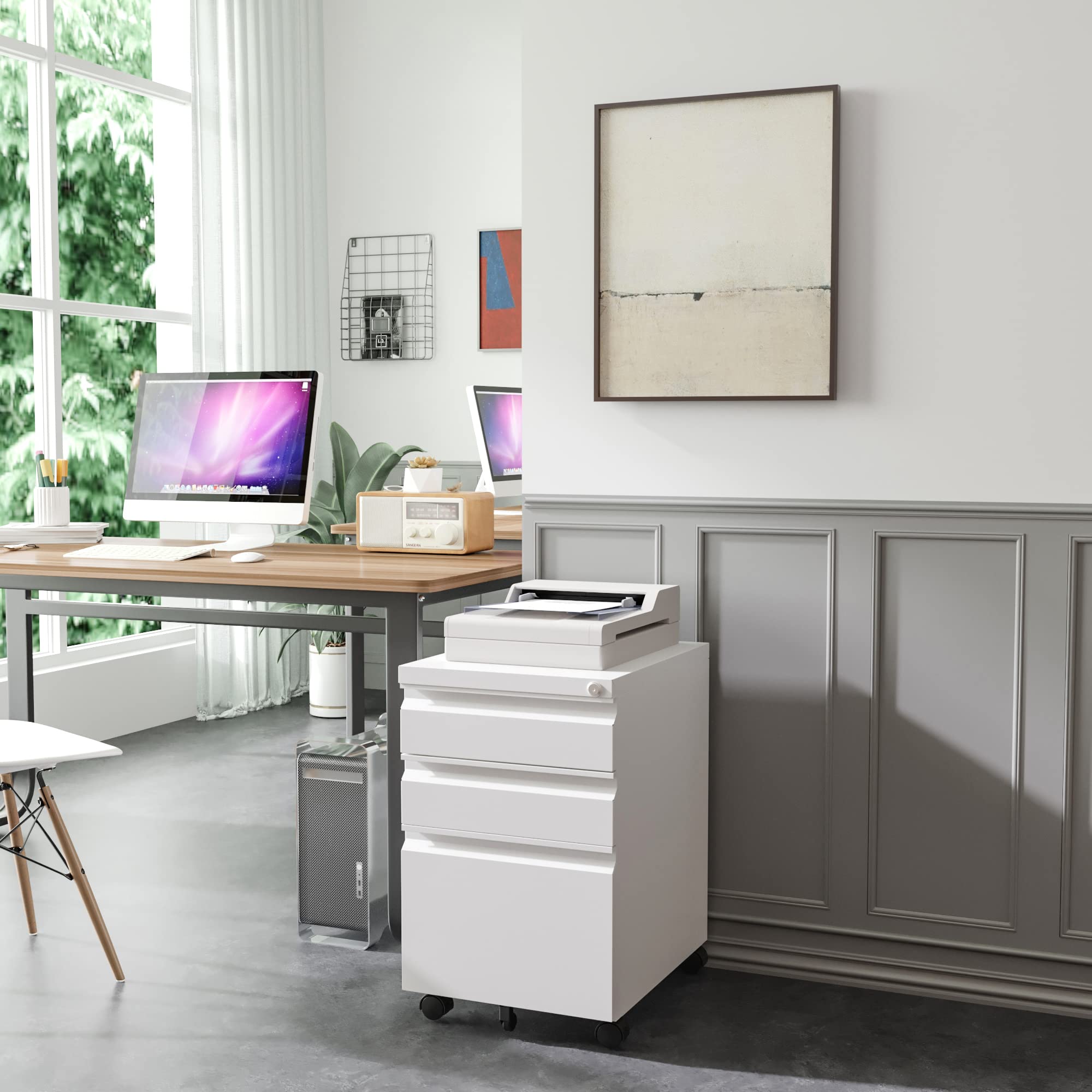 3-Drawer Rolling File Cabinet with Lock - White Metal Vertical Mobile Filing Cabinet for Legal/Letter/A4 Documents - Home Office Storage Solution for Desk Organization & Document Security