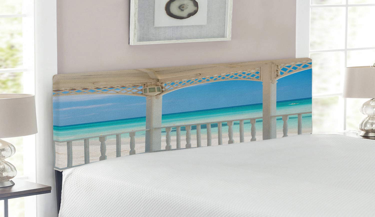 Lunarable White Upholstered Queen Size Headboard - Varadero Beach Cuba Wooden Terrace Print, Decorative Metal Bed Frame with Memory Foam in Turquoise Pale Blue | Perfect for Coastal & Bohemian Bedroom Decor