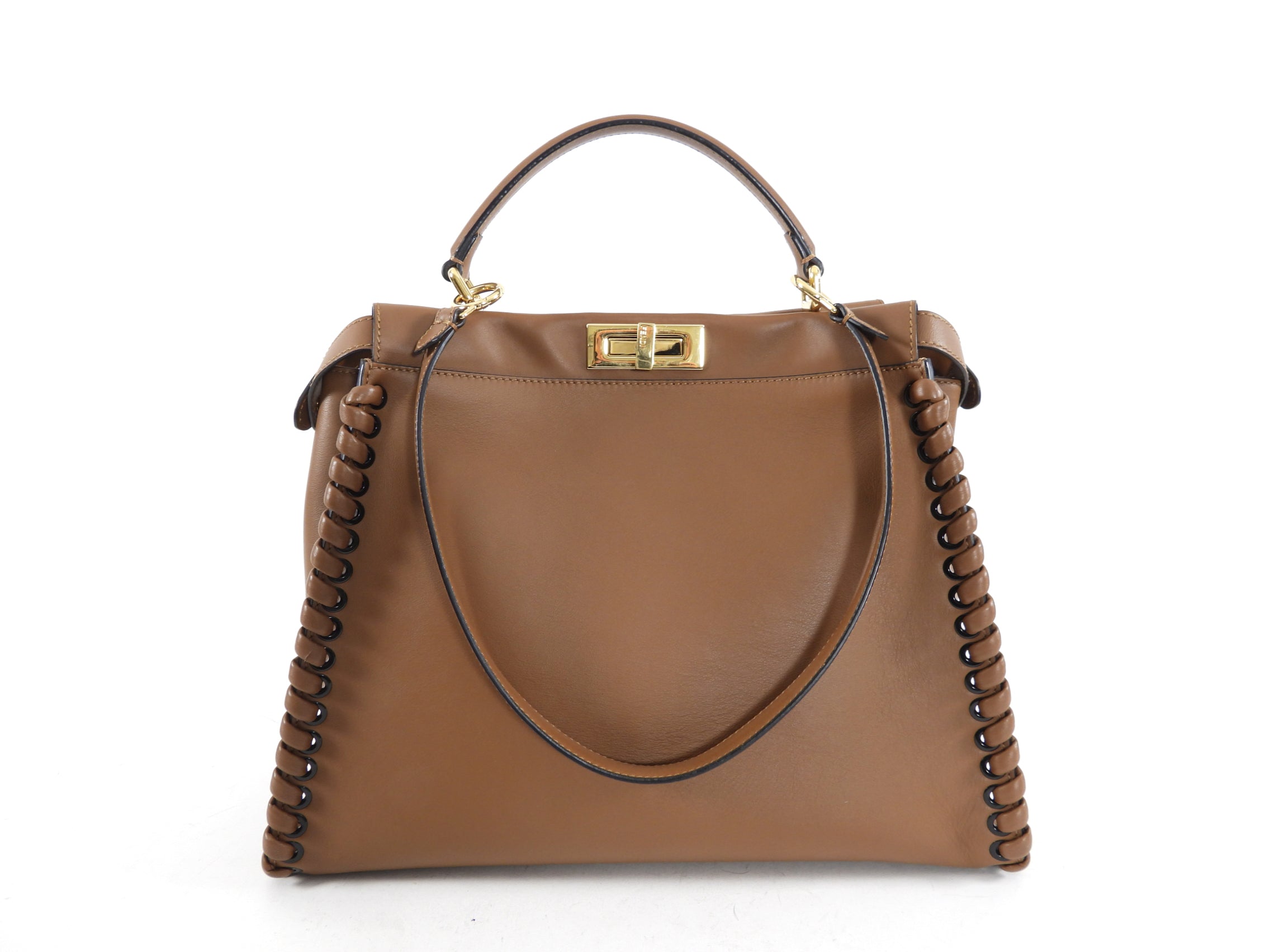 Fendi Large Brown Leather Whipstitch Peekaboo Handbag for Women - Luxury Designer Tote Purse for Work, Travel & Everyday Use