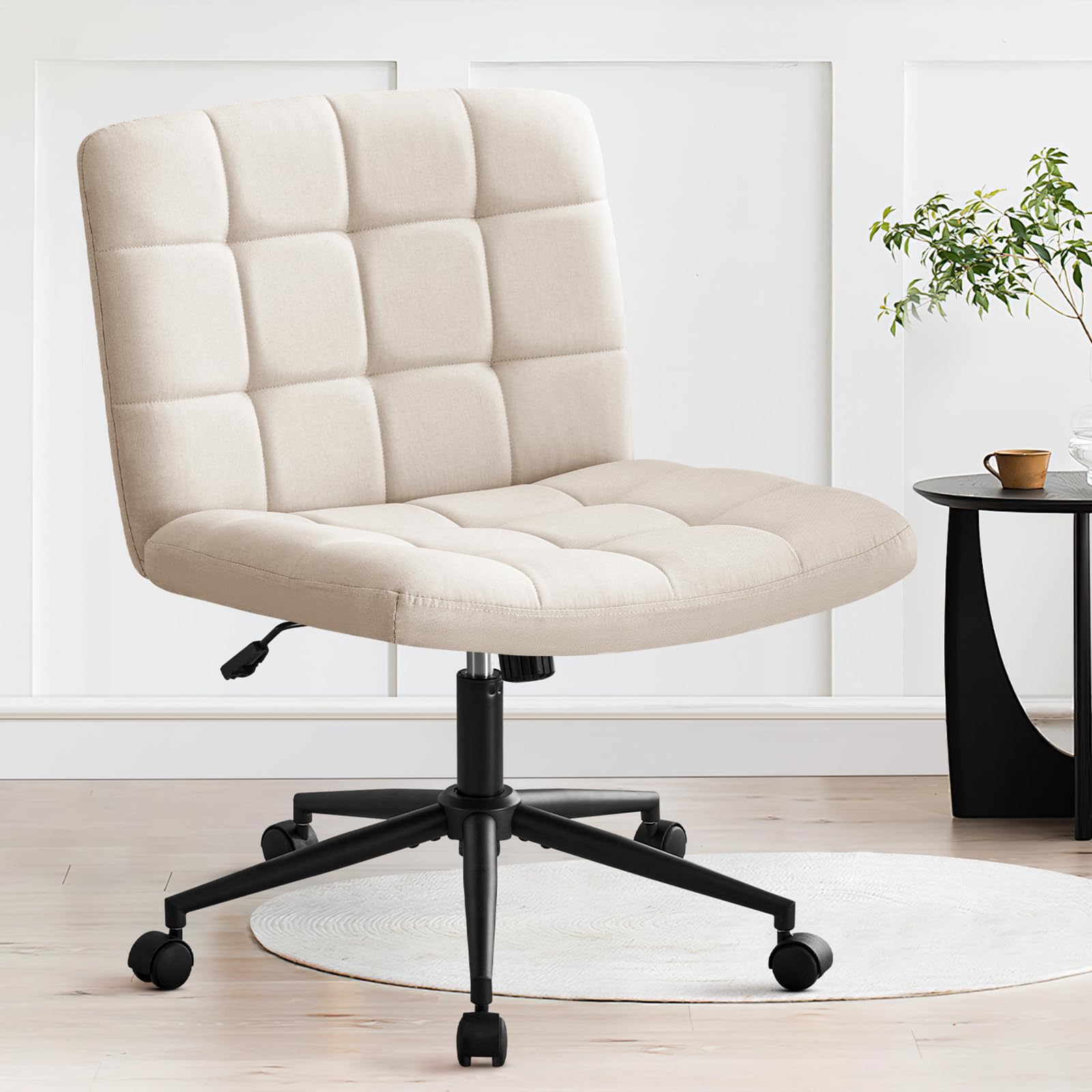 Furniliving Ergonomic Home Office Desk Chair with Wheels - Criss Cross Leg Base, Wide Seat, Armless & Height Adjustable Mid Back Swivel Chair for Work, Study, Gaming - Linen Beige Accent Vanity Chair for Small Spaces