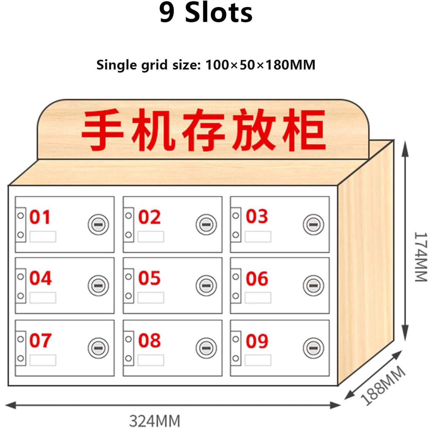 Wall-Mounted Clear Phone Locker Box with Keys - 9 Slots for Office & School Use