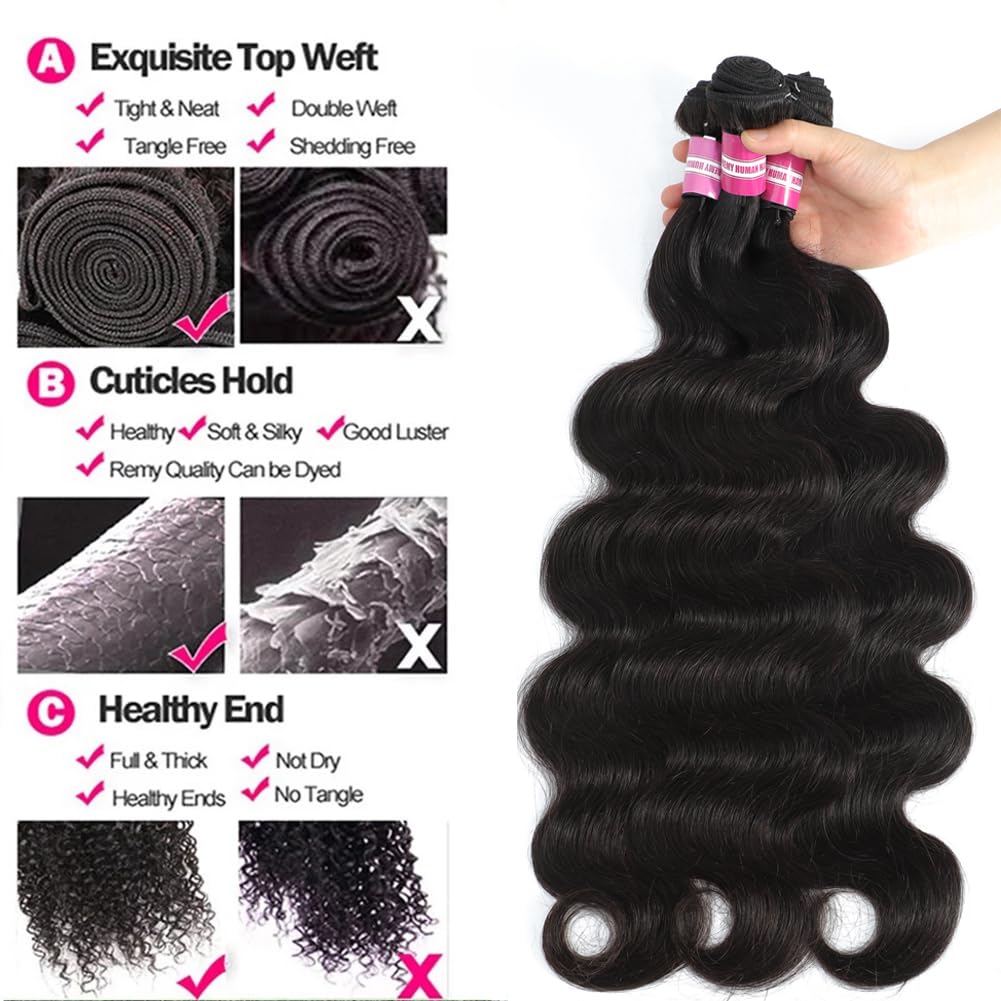 12A 34 Inch Brazilian Virgin Human Hair Bundles - 100% Unprocessed Body Wave Weave Hair Extensions, Natural Black Color for Styling & Volume Boost | Perfect for Daily Wear, Parties & Special Occasions