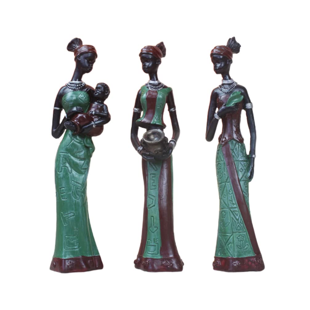 Vintage African Statue Hand Sculpture Set - 3Pcs Tribal Lady Art Figurines for Home & Office Decor, Green (5x5.5x19cm) | Unique Gift Idea for African American Culture Lovers, Perfect for Living Room, Bookshelf or Desk Display