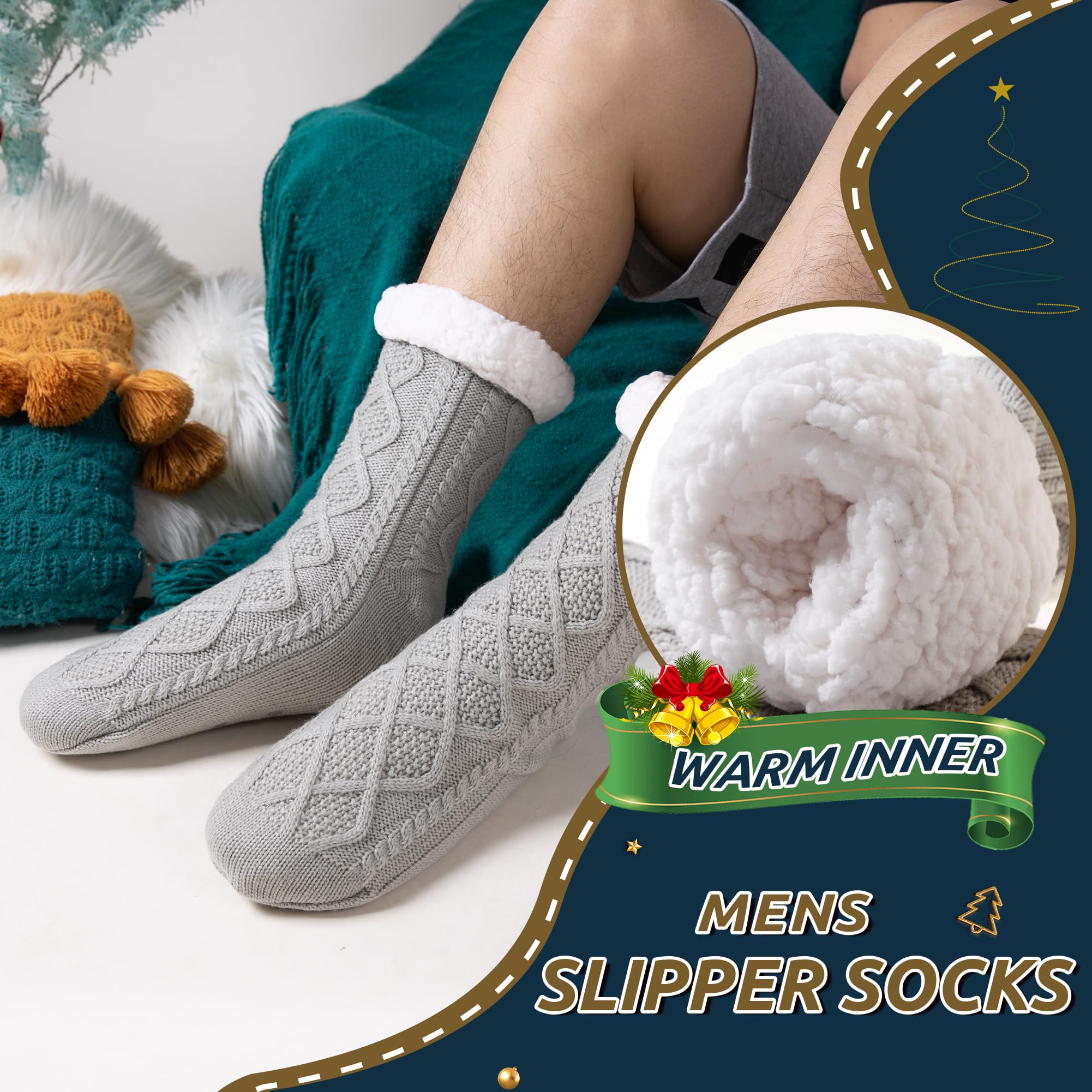 Men's Fleece Lined Thick Winter Slipper Socks - Cozy Non-Slip Fuzzy Home & Sleeping Socks for Cold Weather Comfort - Perfect for Indoor Lounging, Bedtime & Winter Relaxation