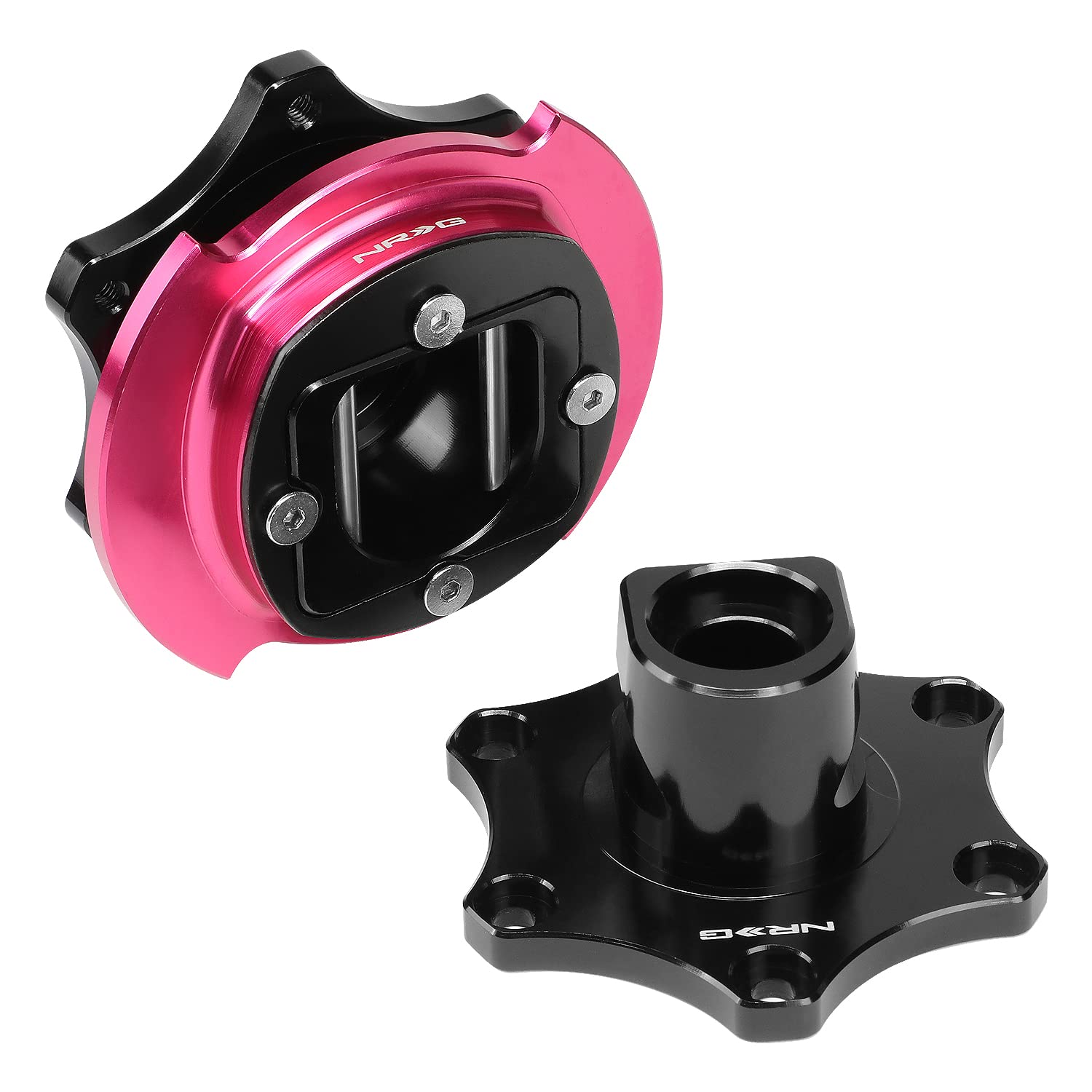 NRG Innovations SRK-R200BK-PK SFI 42.1 Certified D-Shaped 6-Bolt Steering Wheel Quick Release Adapter - Black with Pink Ring for Racing, Drifting & Simulator Setups