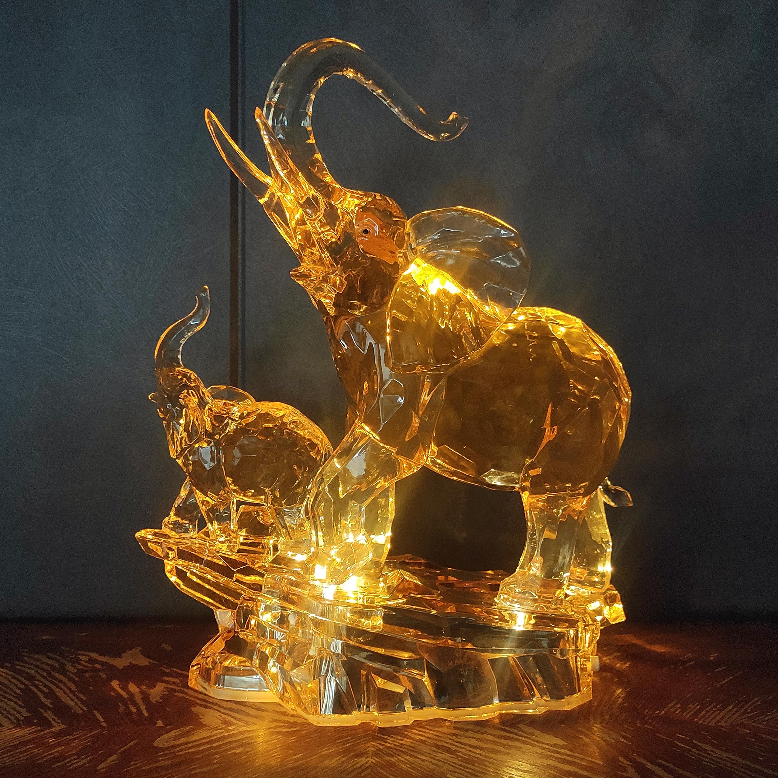 13.87'' Lucky Feng Shui Acrylic Elephant Statue - Mother & Baby African Elephant Figurine with Raised Trunk, Home Decor Gift for Mom, Housewarming, Office Desk & Meditation Space Decoration