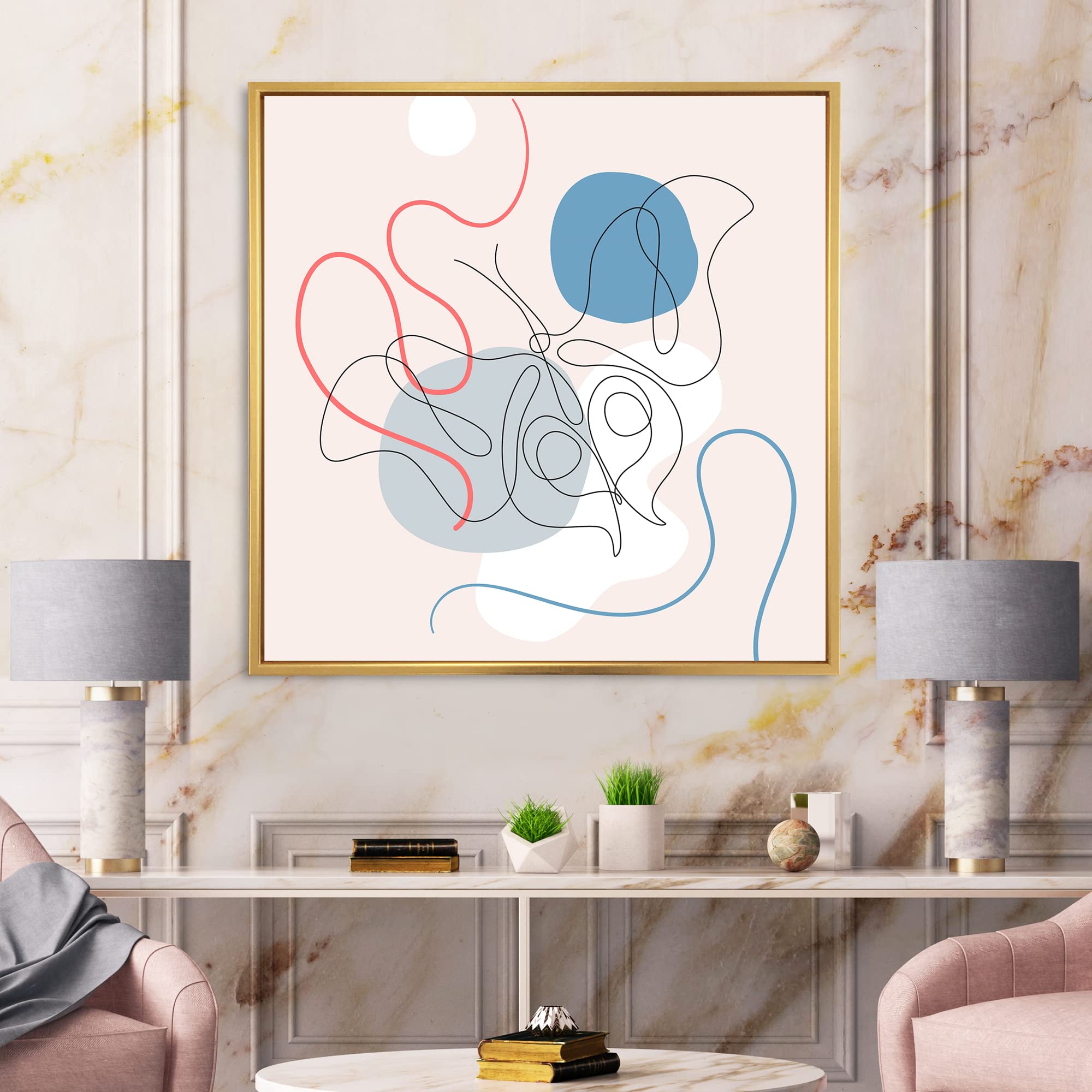 Butterfly One Line Drawing on Cubism Shapes II - Modern Framed Canvas Wall Art Print for Living Room, Bedroom & Office Decor