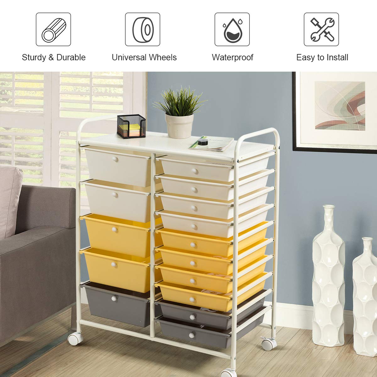 Byroce 15-Drawer Rolling Storage Cart - Mobile Organizer for Art Supplies, School Tools & Office Paper - Yellow Multipurpose Rolling Utility Cart for Classroom, Craft Room & Home Office Organization | Perfect for Teachers, Artists & Remote Workers