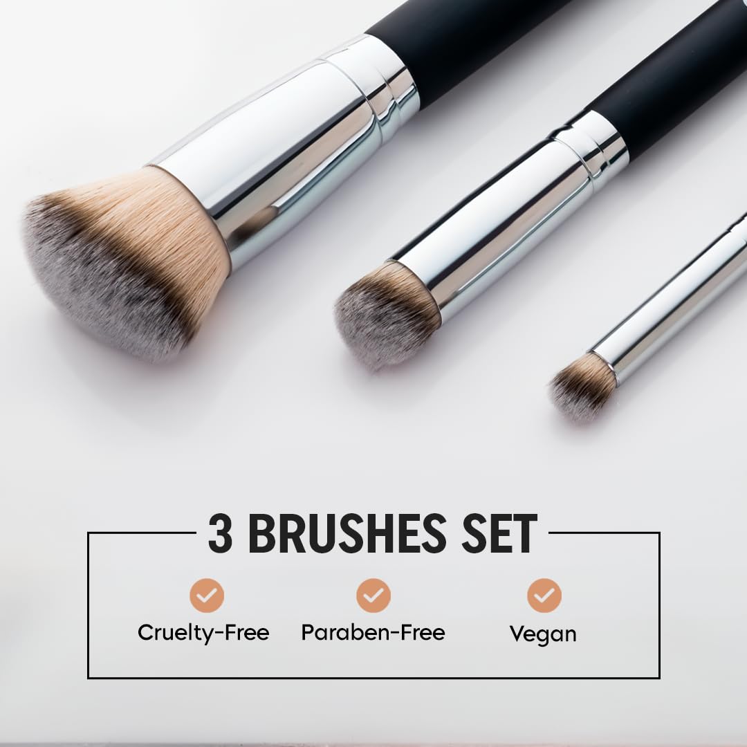 Gleva 3-Piece Foundation Concealer Brush Set - Mini Angled Under Eye Brush & Small Makeup Blending Brushes for Liquid, Cream & Powder Cosmetics | Perfect for Flawless Base, Contouring & Everyday Makeup Application