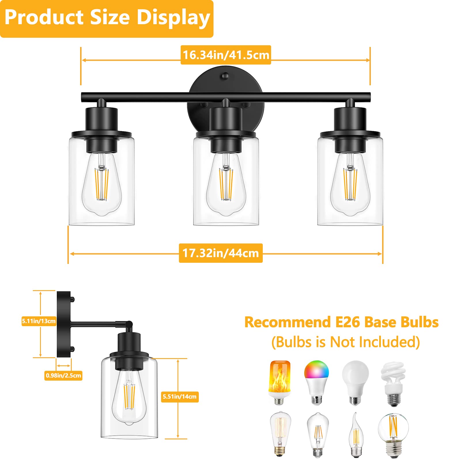 Licperron 3-Light Modern Bathroom Vanity Light Fixture - Black Wall Sconce with Clear Glass Shade for Mirror Lighting - Farmhouse Style Bathroom Wall Light for Bedroom, Hallway & Living Room - Perfect for Home Decor, Spa Bathroom & Vanity Makeup Area