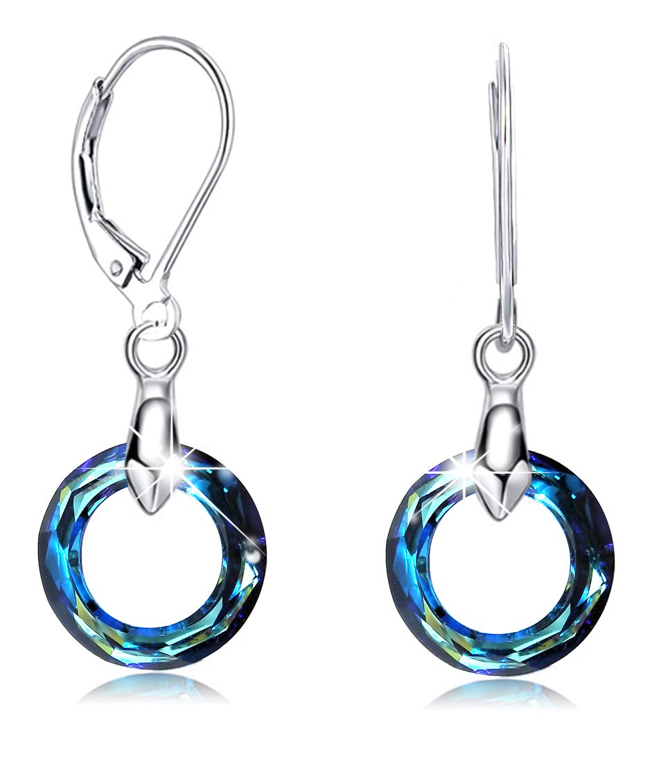 925 Sterling Silver Circle Earrings with Austrian Crystals | Hypoallergenic Leverback Dangle Earrings for Women | Perfect Gift for Mom, Birthday, Anniversary & Special Occasions