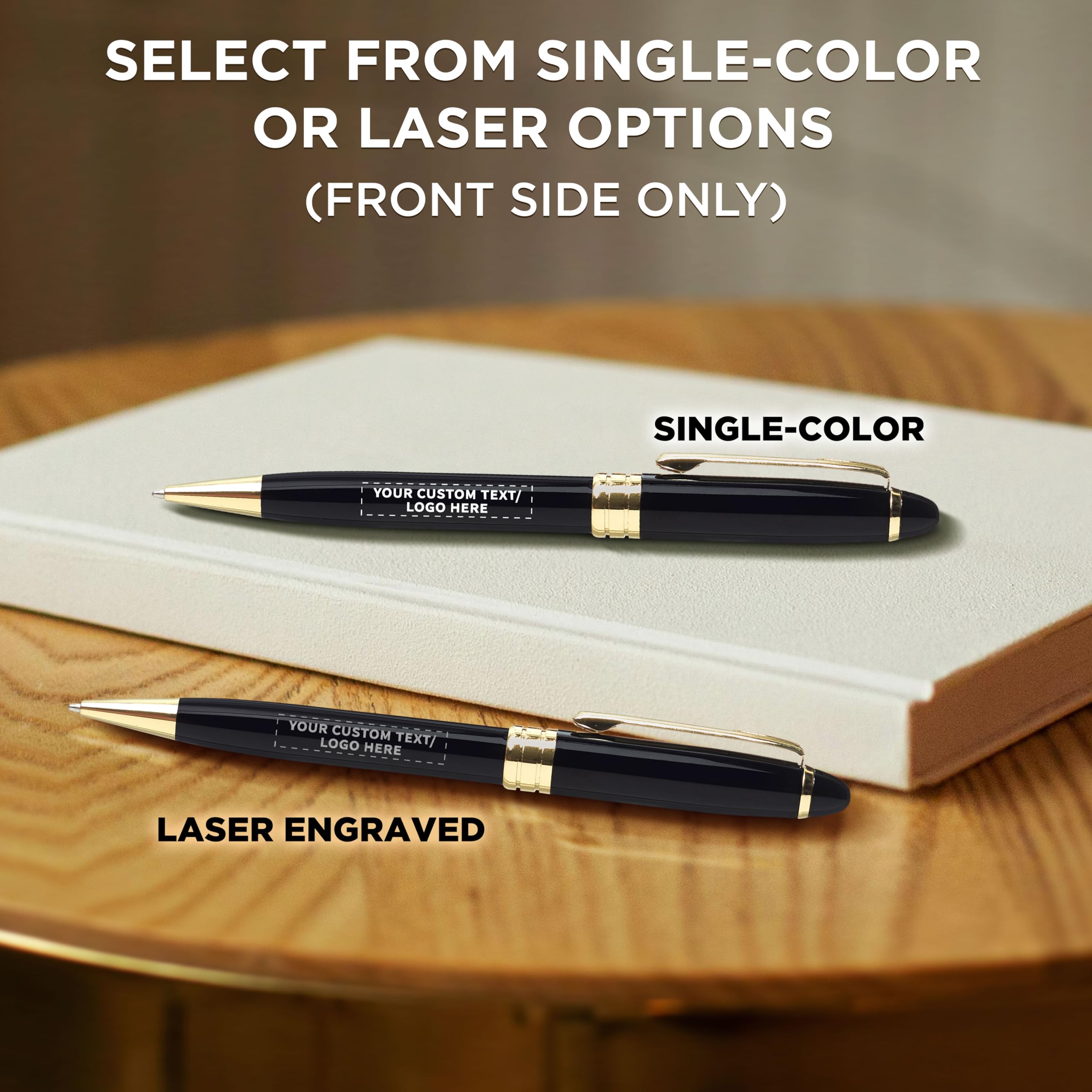 100 Premium Executive Pens Bulk Pack - Custom Text & Logo Engraving, Twist Mechanism, Gold Accent - Black Ink Ballpoint Pens for Office Gifts, Corporate Events & Business Promotions