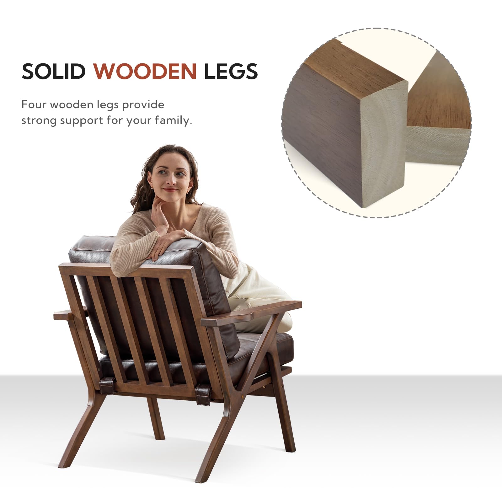 Bonzy Home PU Leather Small Accent Chair - Mid Century Modern Comfy Armchair with Solid Wood Frame & Removable Cushions - Retro Leisure Reading Chair for Living Room, Bedroom, Office & Dorm - Perfect for Relaxing, Reading & Decorating