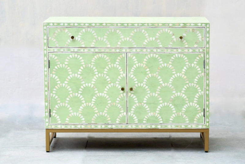 Handmade Bone Inlay Sega Shell Pattern Two Door One Drawer Cabinet - Classic Green Vintage Storage Furniture for Living Room, Bedroom & Office Decor
