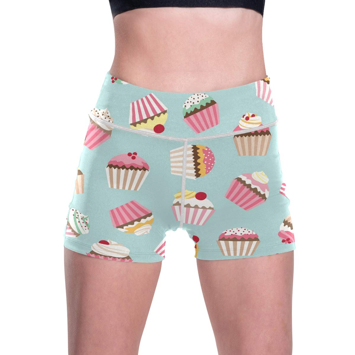 ALAZA Cartoon Cupcake with Cherry Print Retro Women's Workout Shorts - High Waisted Yoga Running Exercise Stretch Pants with Pockets for Gym, Lounge & Summer Activities