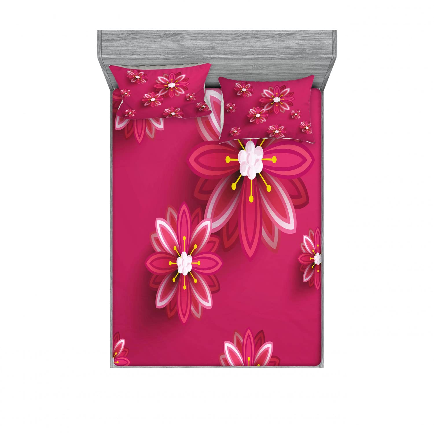 Ambesonne Floral Queen Size 4-Piece Bedding Set - 2 Fitted Sheets & 2 Pillow Shams, Spring Flower Pattern in Pink | Soft Cotton Blend for Comfortable Sleep | Perfect for Master Bedroom, Guest Room & Vacation Homes