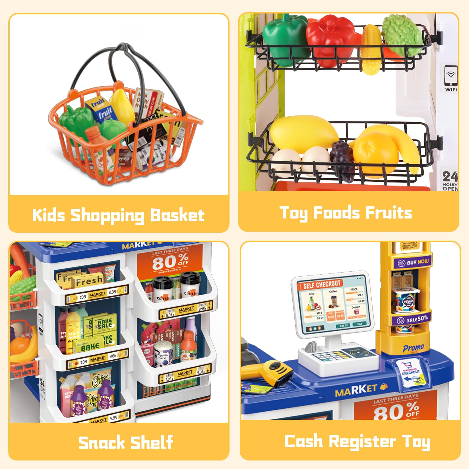 **deAO Pretend Play Grocery Store Toy Set for Kids - Supermarket Role Play with Shopping Basket & Cash Register - Christmas & Birthday Gift for Boys & Girls (Blue) - Perfect for Learning & Imaginative Play**