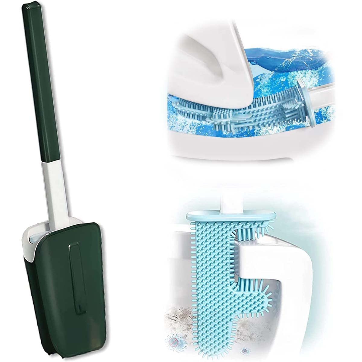 2022 New Long Handle Silicone Toilet Brush with Bracket - F-Shape Curved Design for No Dead Corner Cleaning, Anti-Slip Grip, Green - Perfect for Hard-to-Reach Areas in Bathroom & Toilet Cleaning
