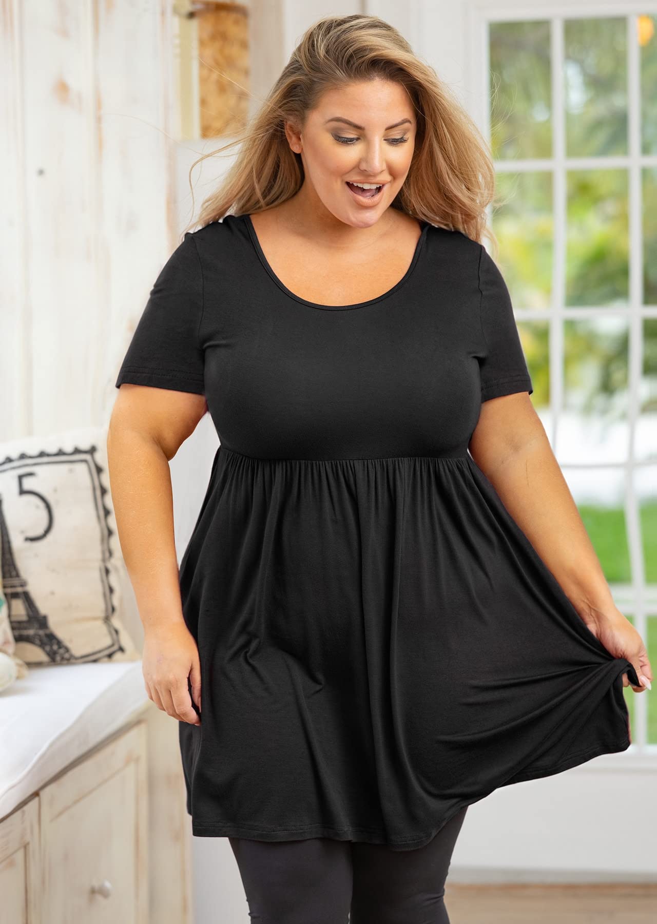 Plus Size Women's Tunic Top - Short Sleeve Scoop Neck Summer Blouse, Flowy Loose Fit Pleated Babydoll T-Shirt (Sizes L-5X) for Casual Wear, Office & Vacation Outfits