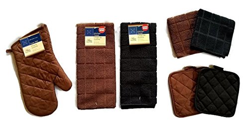 Premium 7-Piece Kitchen Linens Set - 2 Absorbent Towels, 2 Heat-Resistant Pot Holders, 1 Oven Mitt & 2 Dishcloths (Brown & Black) - Perfect for Cooking, Baking & Kitchen Decor