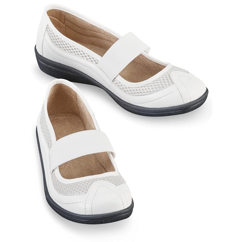 Sporty Stretch Strap Mary Jane Comfort Slip-on Shoes - Microsuede Mesh Uppers with Cushioned Insoles | Women's Casual Walking Shoes for Work, Travel & Everyday Wear