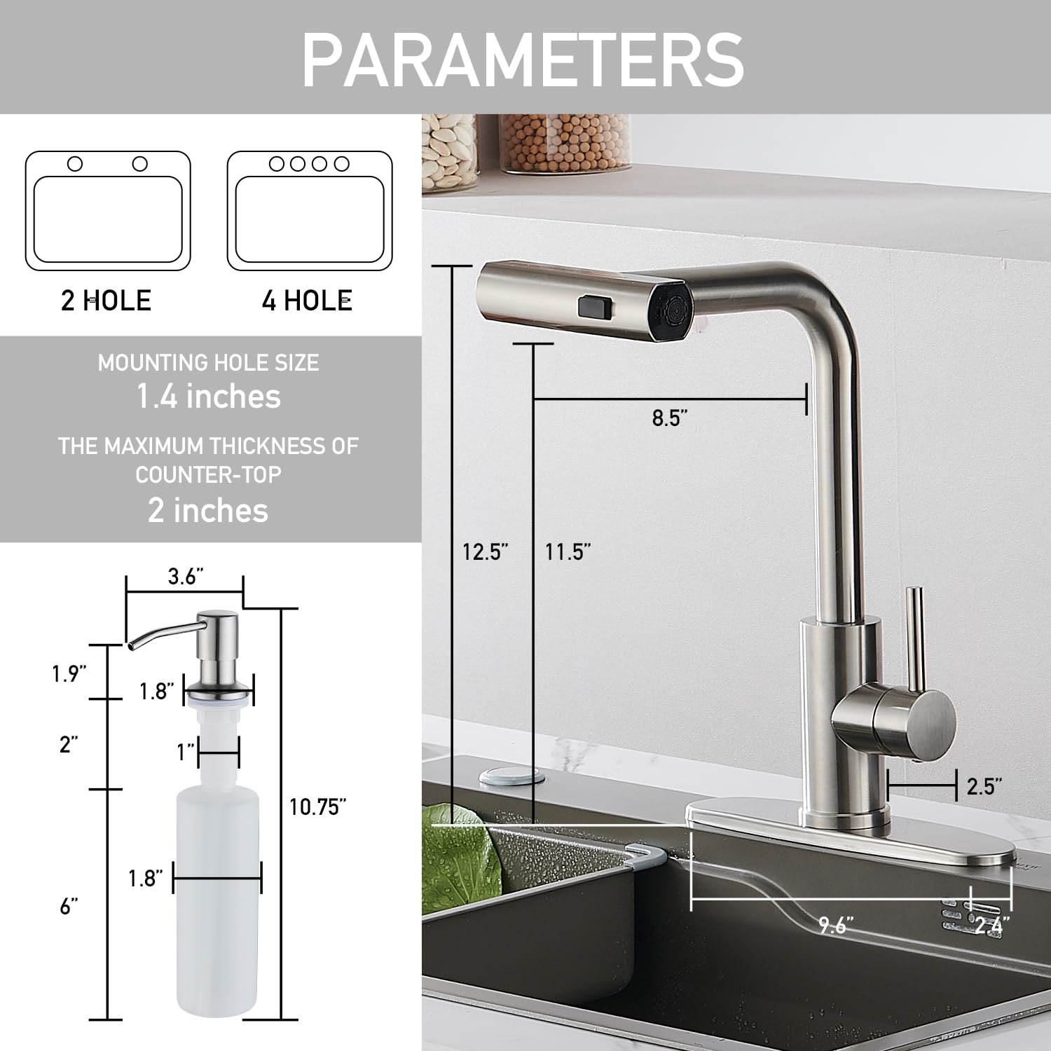 Brushed Nickel Pull Down Kitchen Faucet with Waterfall Sprayer & Soap Dispenser - Single Hole Stainless Steel Modern Single Handle Sink Faucet - Perfect for Home Kitchen, Restaurant, and Commercial Use
