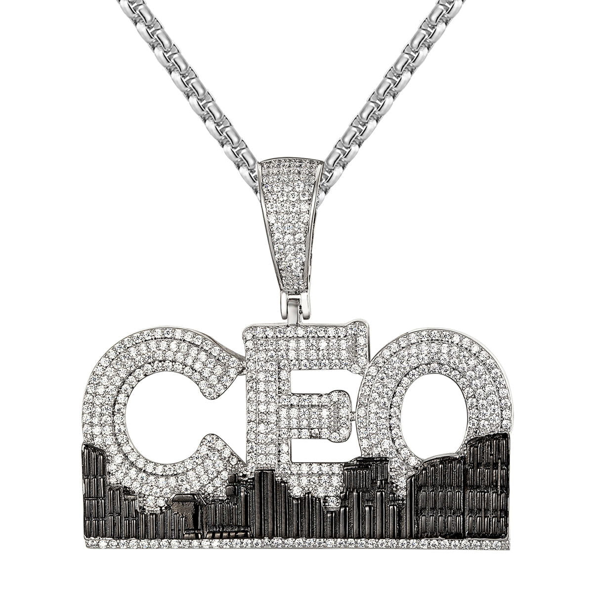 14K White Gold Plated Custom City CEO Icy Pendant for Men - Luxury Hip Hop Jewelry Gift for Birthday, Anniversary & Special Occasions