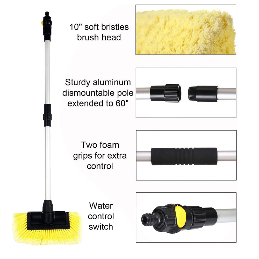 10 Pack Flow Through Brush Heads with Adjustable Pole & On/Off Switch - 1.3' to 5 ft Extension - Perfect for Car Washing, Window Cleaning & Hard-to-Reach Surfaces