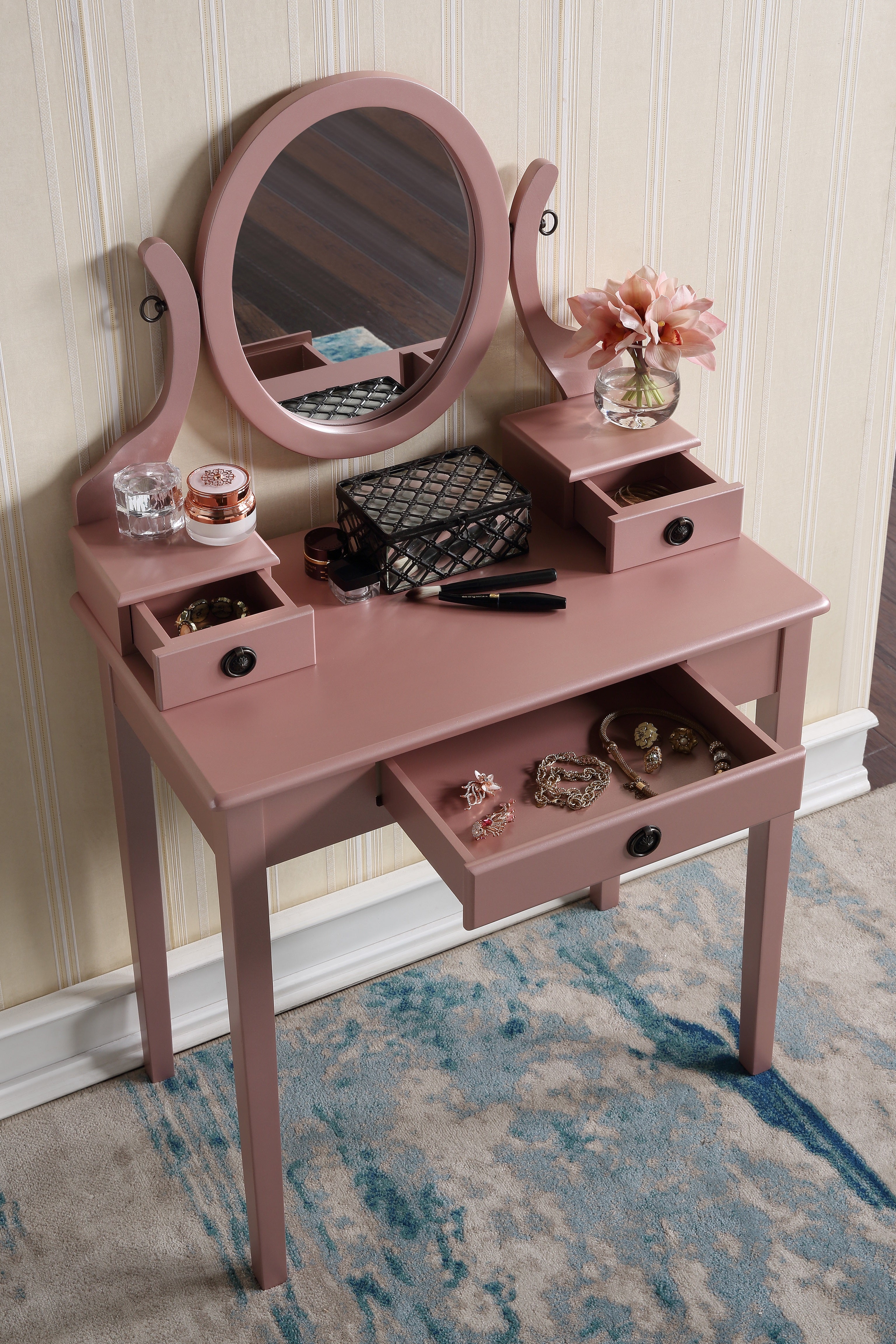 Roundhill Furniture Moniya Wood Makeup Vanity Table and Stool Set with Rose Gold Finish - Elegant Dressing Table for Bedroom, Bathroom & Boudoir Makeup Organization