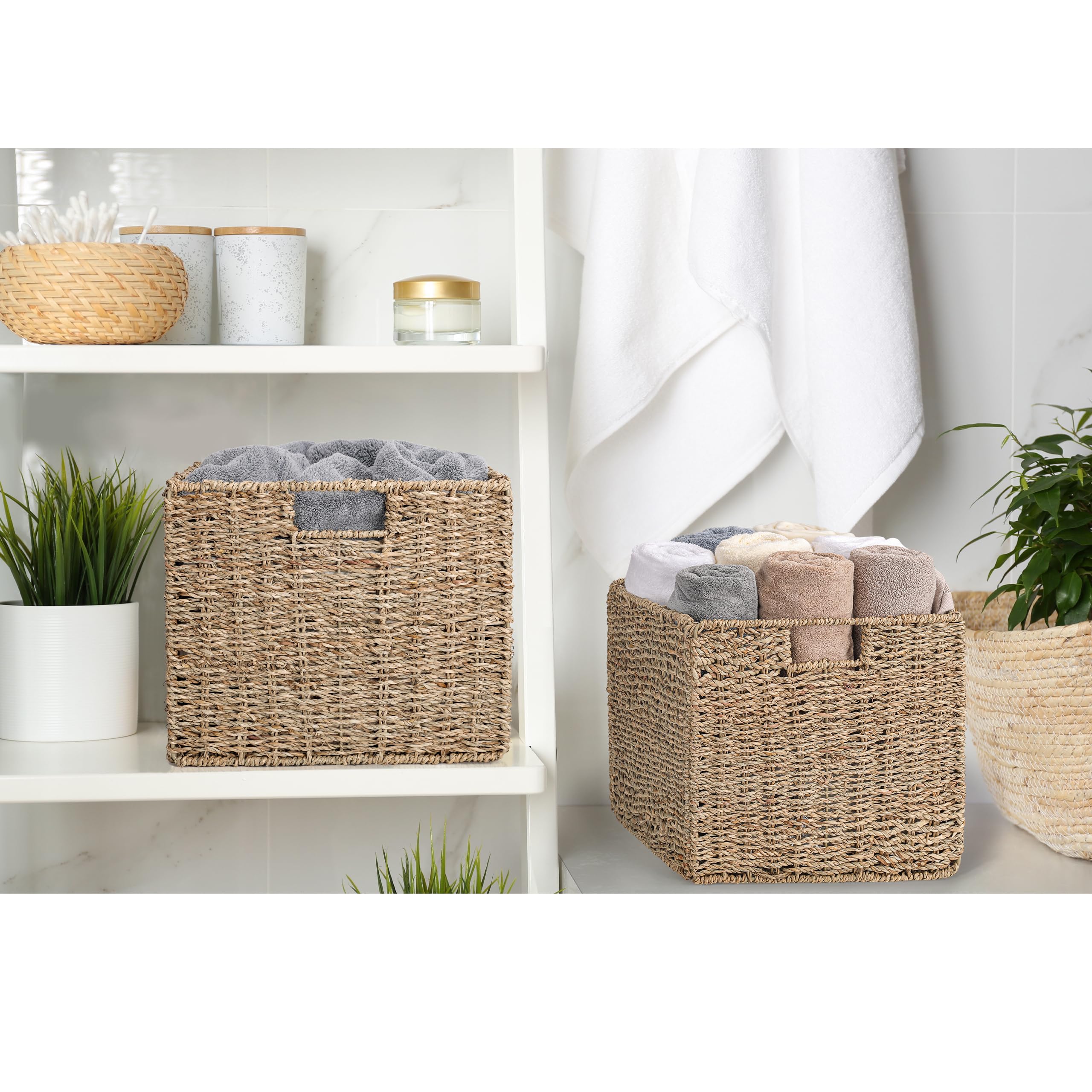 Seagrass Storage Baskets Set of 3 - 12x12x10 Inch Woven Cube Bins for Home Organization | Perfect for Pantry, Kitchen, Bathroom & Shelf Storage | Natural Fiber Decorative Baskets for Clutter-Free Living Spaces