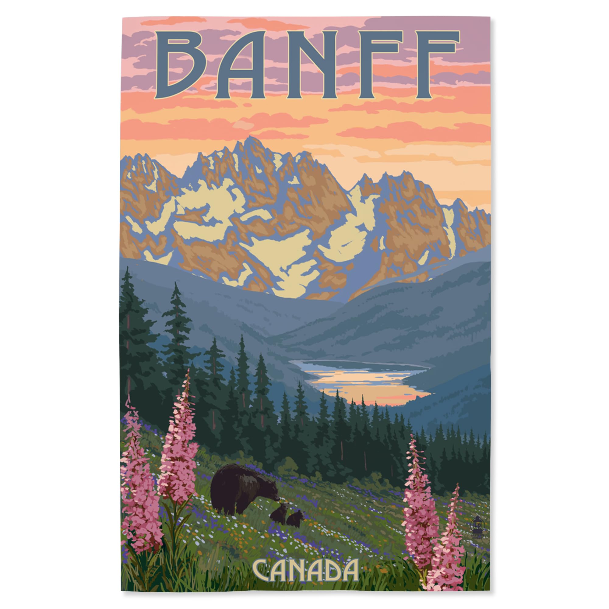 Lantern Press 16x24 Inch Giclee Print - Banff Canada Landscape with Bear & Spring Flowers Wall Art - Perfect for Living Room, Bedroom & Office Decor