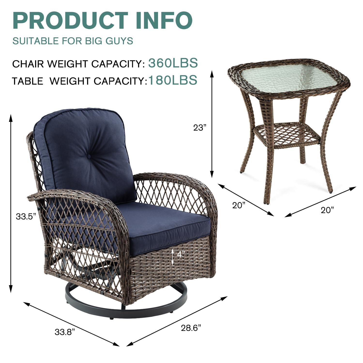 IMUsee 3-Piece Outdoor Patio Furniture Set - Swivel Rocking Chairs with 4