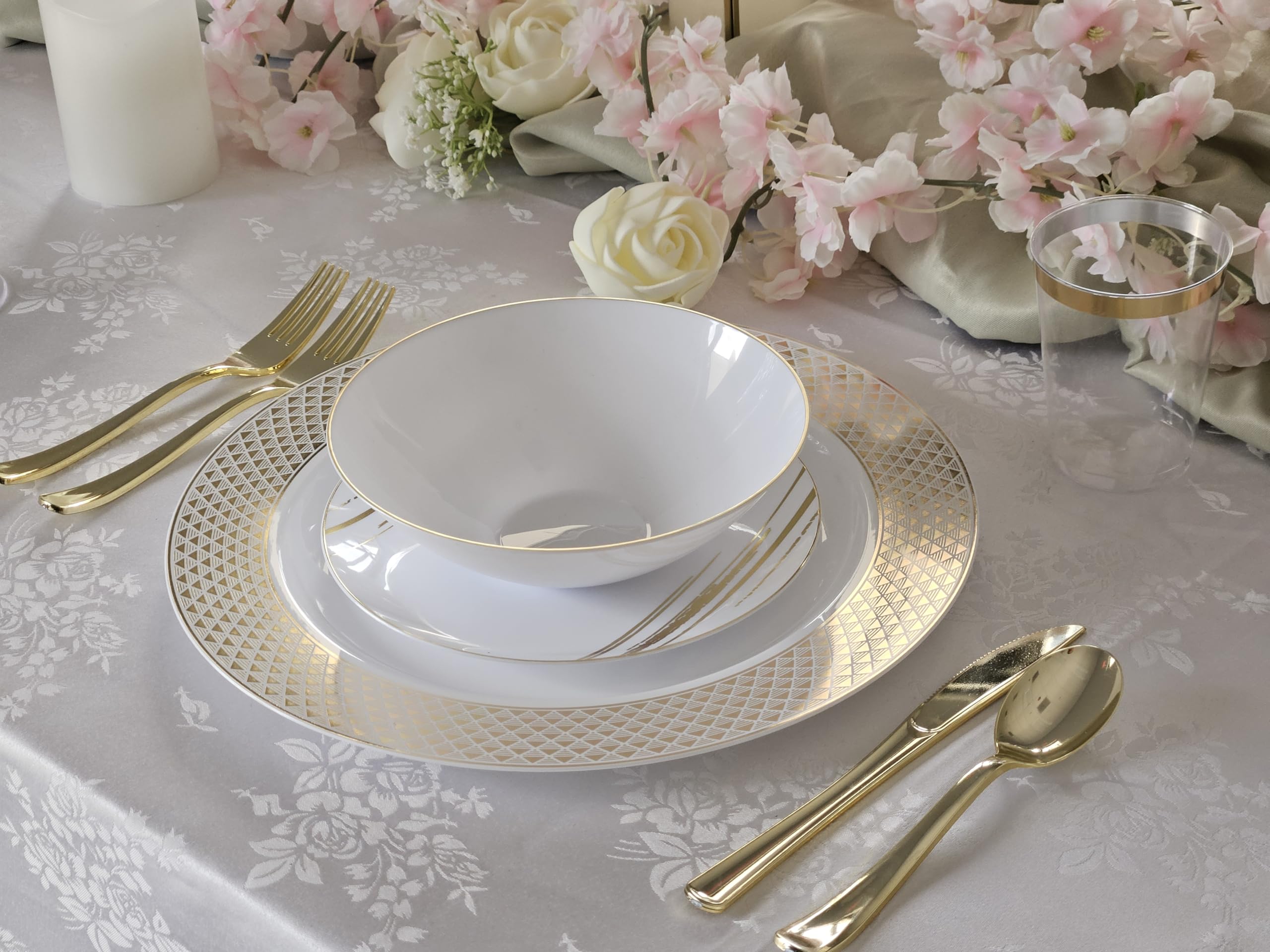 240 Pack Disposable Plastic Plates 10.25 Inch - Elegant White & Gold Wedding Dinner Plates for Parties, Events, Catering & Special Occasions