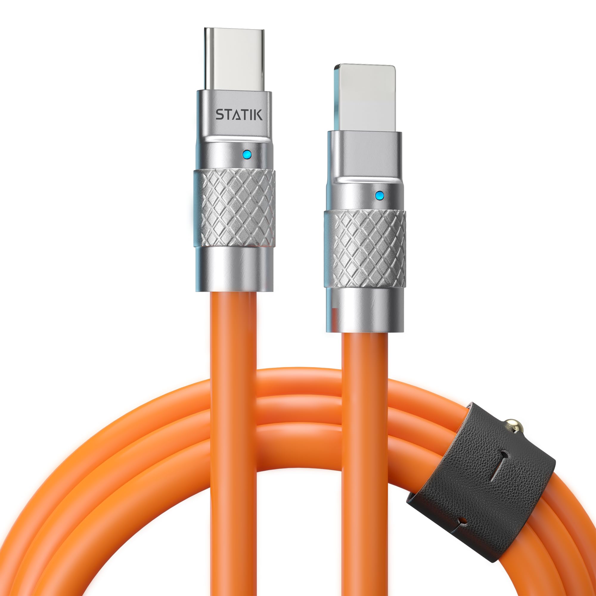 Statik TsumoCharge USB C to Lightning Cable 27W Fast Charging Cord - Durable Unbreakable Silicone for iPhone/iPad, Data Sync & Rapid Charge, Includes Cord Wrap Organizer (6FT/2M, Orange) - Perfect for Travel, Office & Home Charging