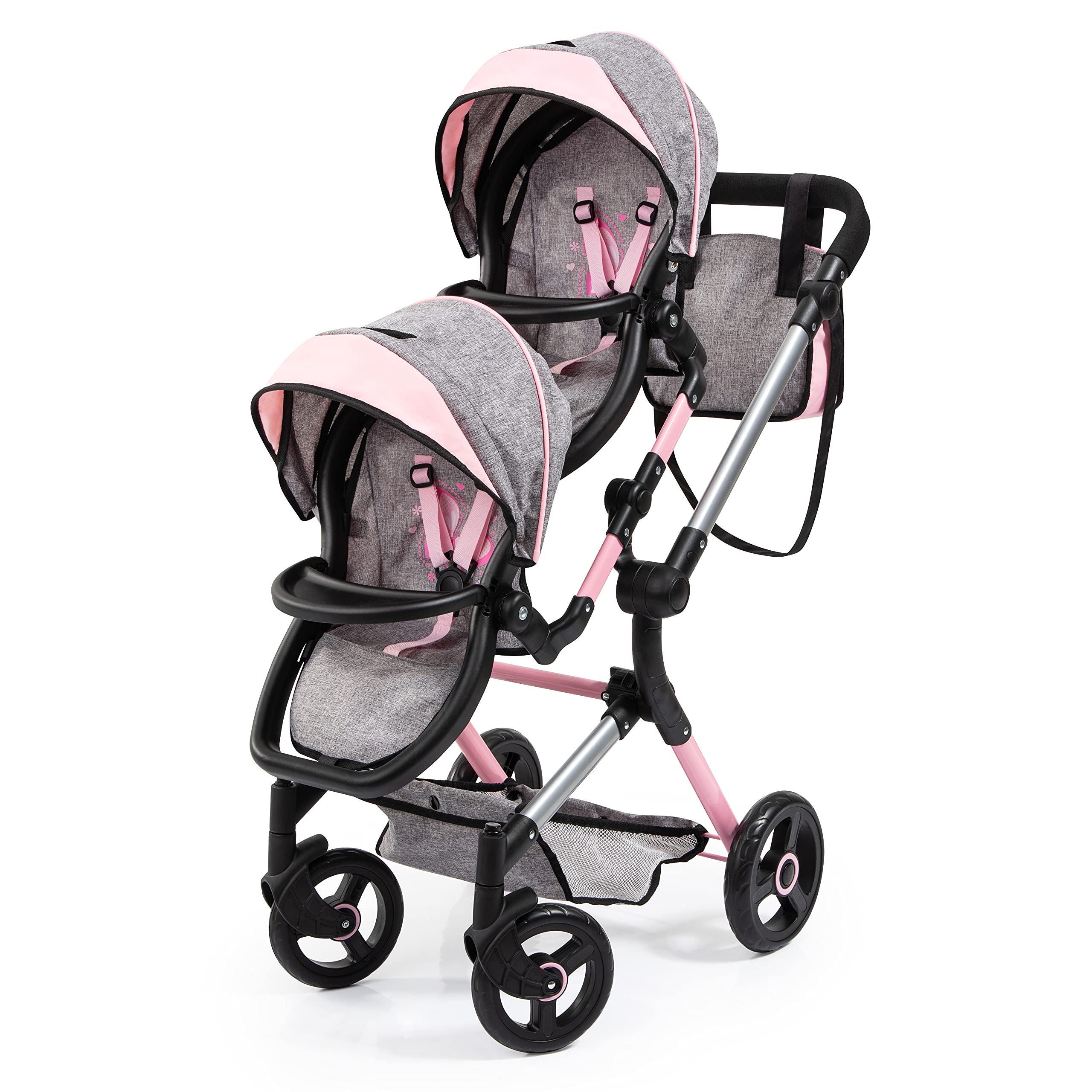 Bayer Twin Doll Stroller Neo - Gray & Pink Butterfly Design with Denim Look | Perfect for Kids Role Play, Pretend Play, and Outdoor Walks with Dolls