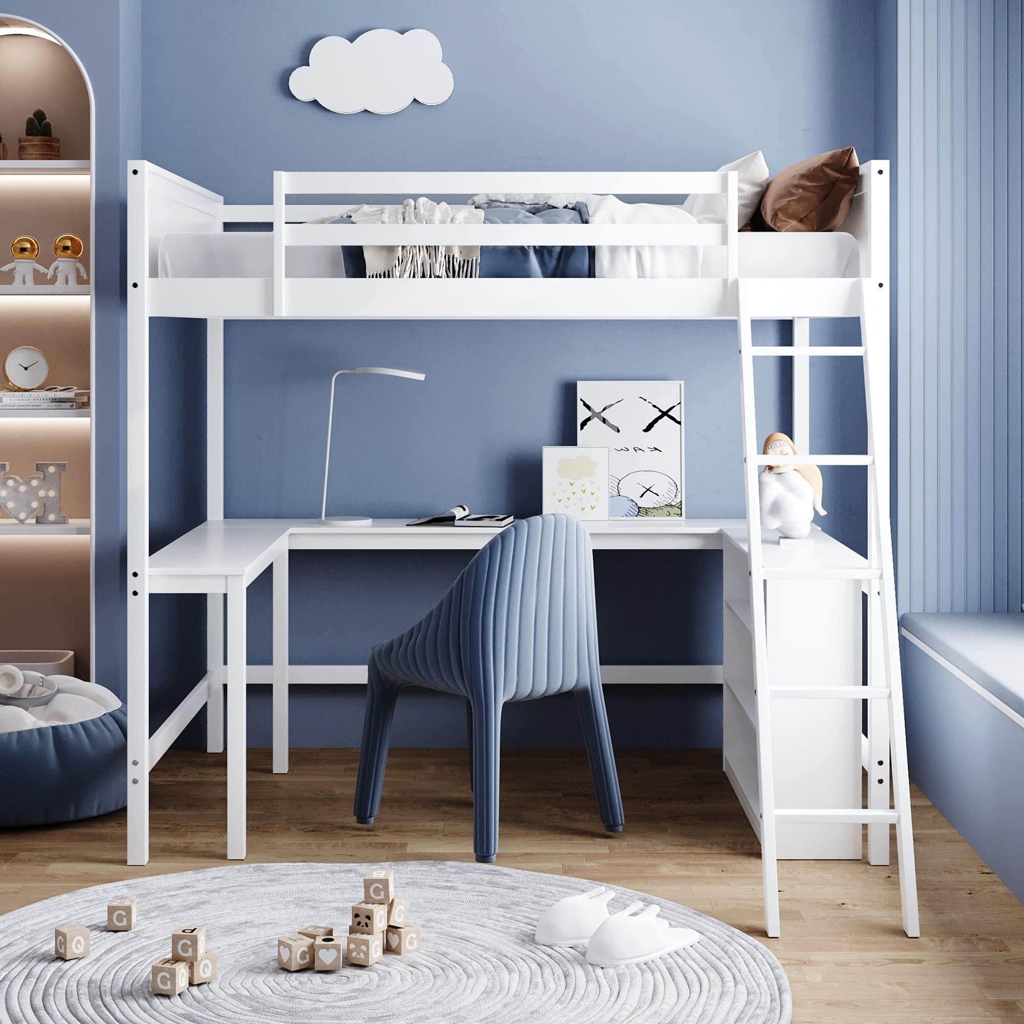 Full Size Wooden Loft Bed with Built-in Desk, Shelves & Storage - Space Saving Furniture for Kids, Teens & Adults (White) - Perfect for Small Bedrooms, Dorms & Studio Apartments