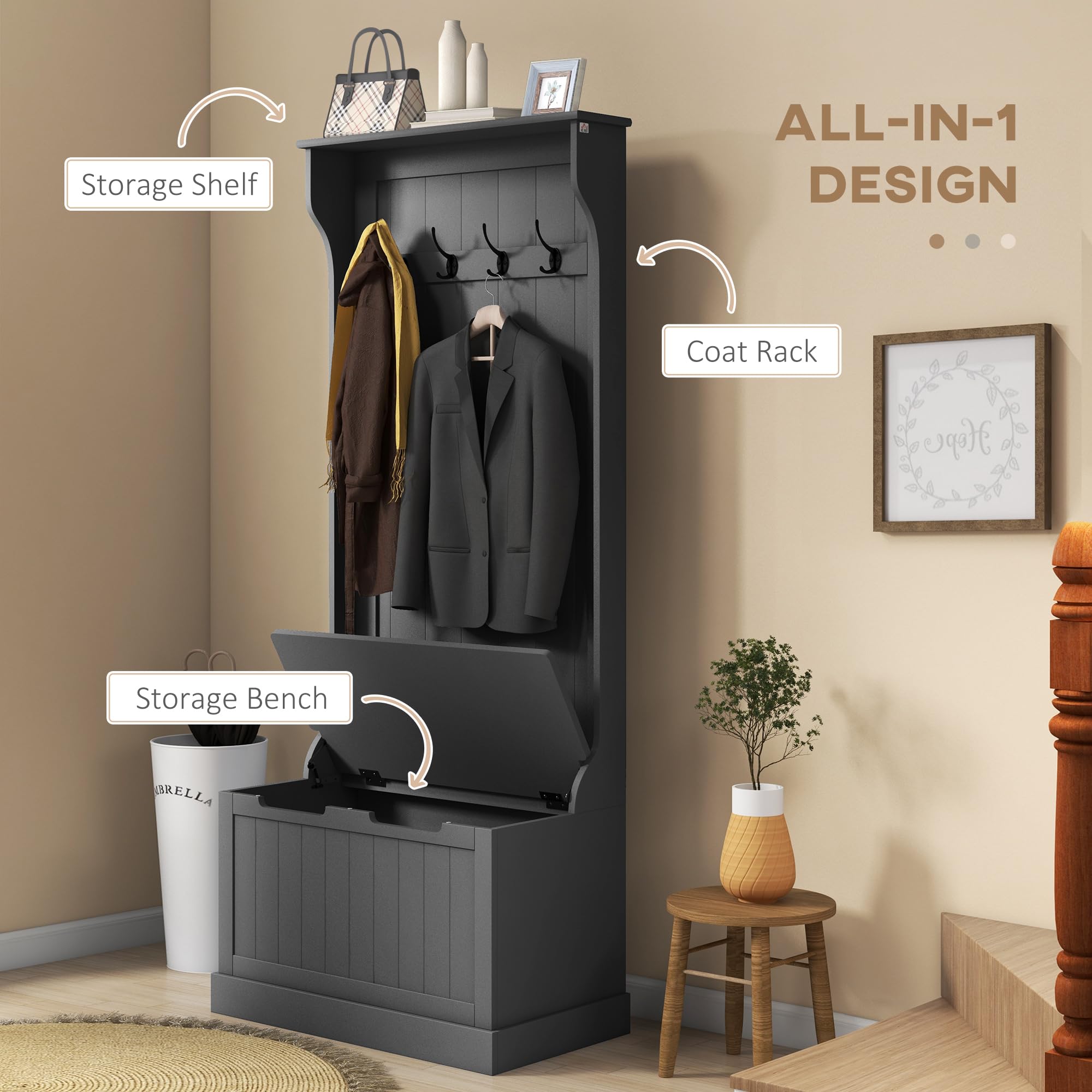 HOMCOM 3-in-1 Hall Tree with Shoe Storage & Coat Rack | Entryway Organizer with Bench & 4 Hooks | Space-Saving Black Entryway Furniture for Small Apartments & Mudrooms | Perfect for Organizing Shoes, Coats & Bags in Home Entryways