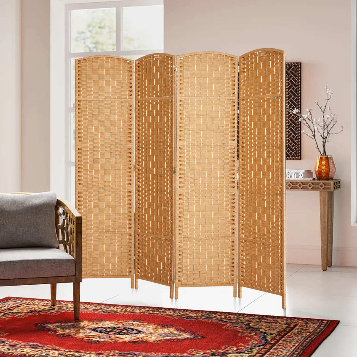 6 ft. Tall Extra Wide Diamond Weave Fiber Room Divider Screen - Light Beige 4 Panel Folding Partition for Home, Office & Event Spaces - Privacy Screen & Decorative Room Separator