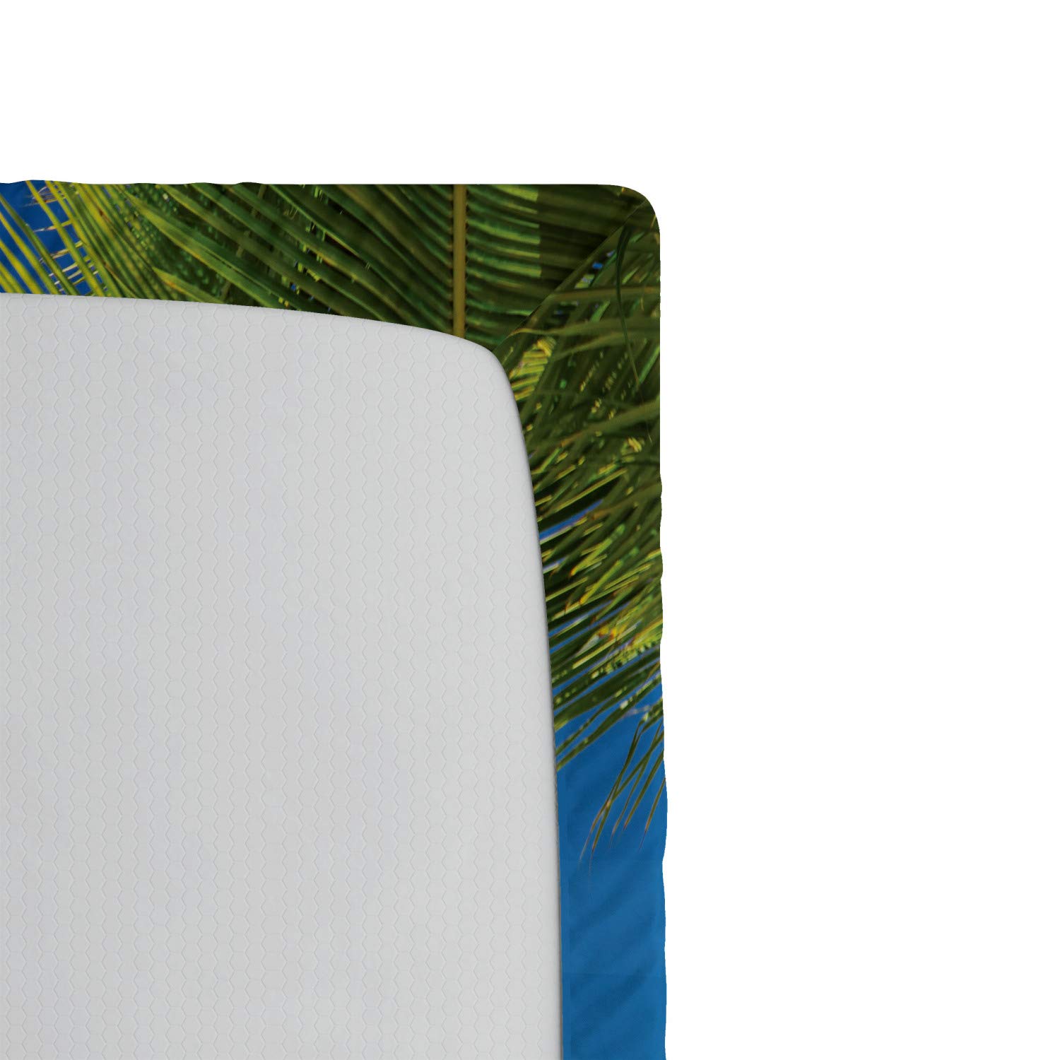 Ambesonne Seaside Fitted Sheet - Queen Size Green Blue Beach Palm Tree Design with Deep Pocket Elastic, Soft Bed Cover for Vacation Style Bedroom Decor | Perfect for Coastal Themed Rooms, Guest Bedrooms & Beach House Retreats