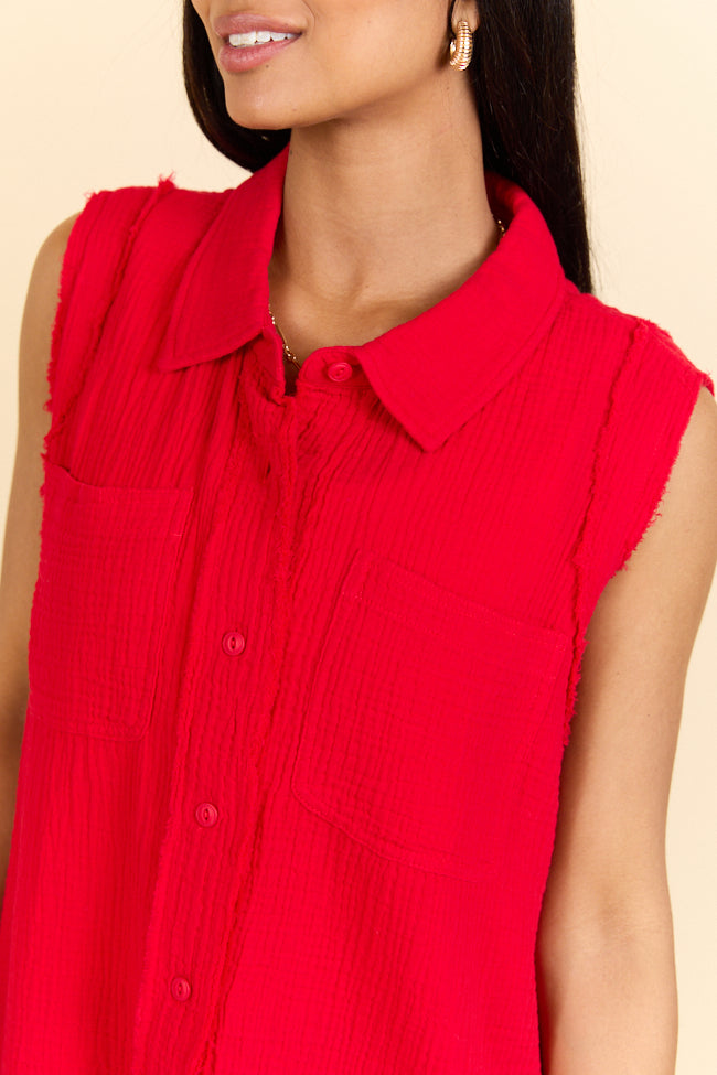Every Moment Matters Red Gauze Tank Top - Women's Boho Summer Beachwear for Casual Outings & Music Festivals