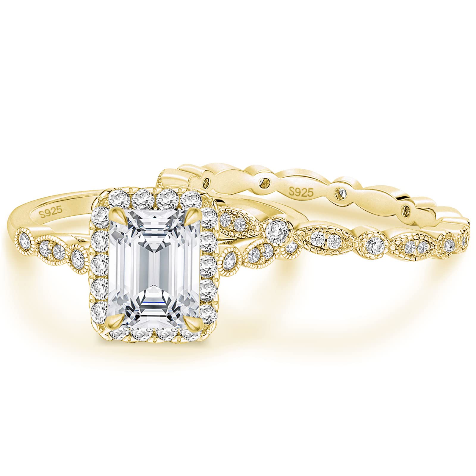 EAMTI 2CT 925 Sterling Silver Bridal Ring Set - Emerald Cut Cubic Zirconia Engagement Ring, Vintage Promise & Marquise Wedding Band for Women (Size 3-12) | Perfect for Proposals, Anniversaries & Special Occasions