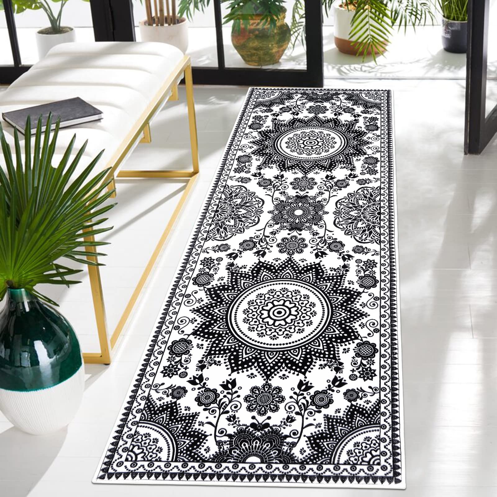 HEBE Medallion Floral Runner Rug 2'x6' - Boho Chic Washable Non-Slip Rug for Kitchen, Hallway, Bathroom, Living Room, Entryway & Bedroom - Perfect for Home Decor, Floor Protection and Cozy Spaces