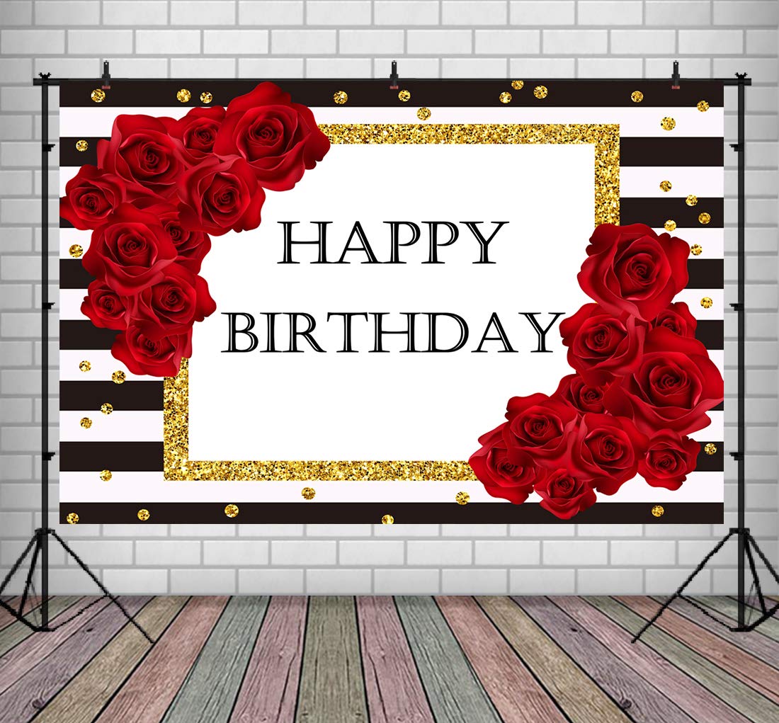 Elegant Red Rose & Black White Stripes Glitter Birthday Backdrop - 9x6ft Photo Booth Decor for Women's Party, Anniversary, Bridal Shower & Baby Shower | Premium Party Background Banner