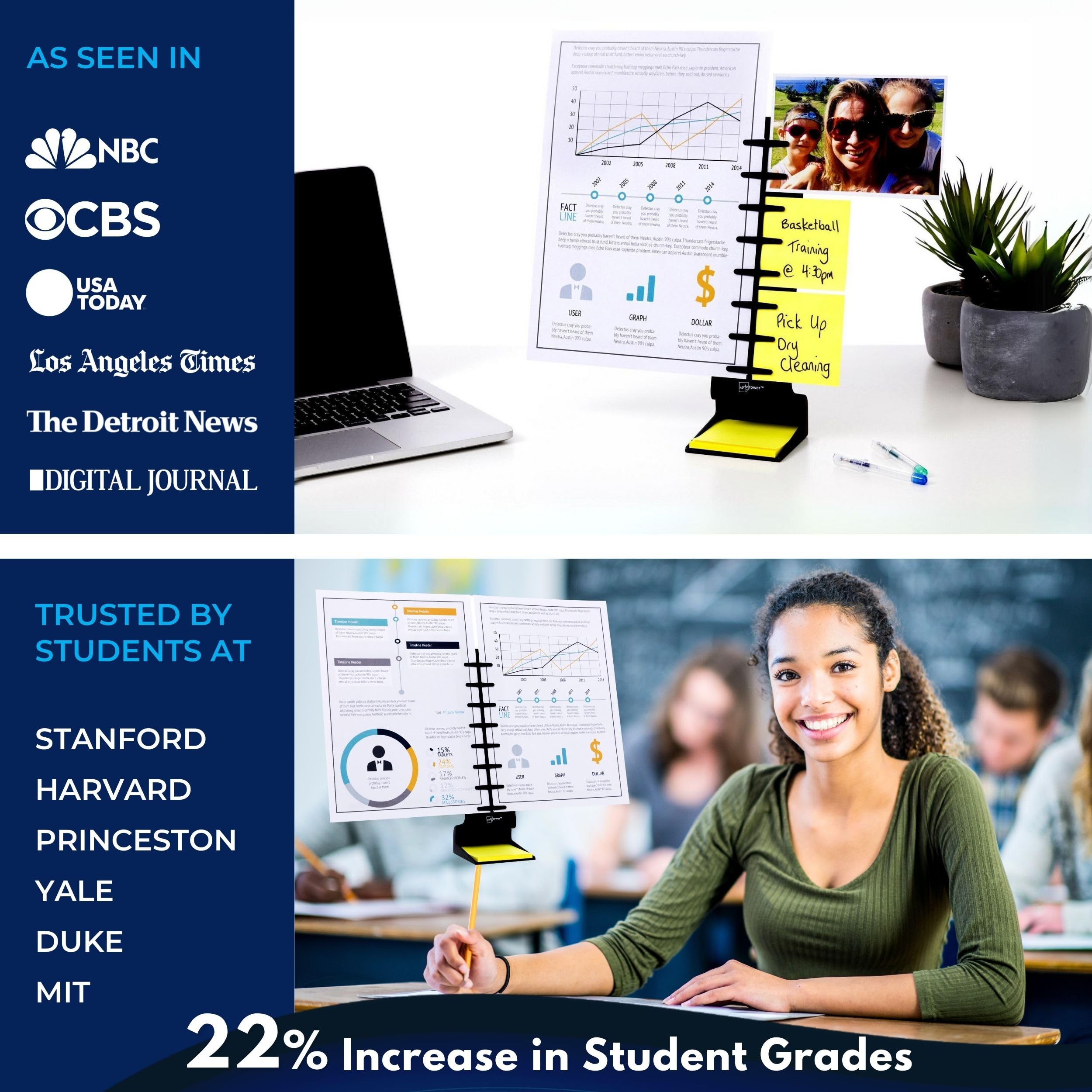 Note Tower Desktop Pro Dual Document Holder for Typing | Compact 2-Page Paper Stand for Desk | Black Document Organizer Holds Copy Paper, Photos & Sticky Notes | Includes 3x3 Post-it Notes - Perfect for Office Work, Study & Home Organization