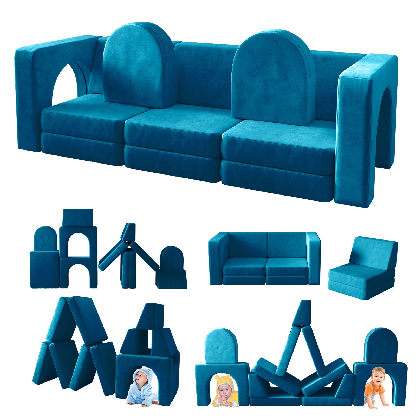Wanan Kids Couch 12PCS - Modular Play Sofa for Playroom & Bedroom, 12-in-1 Multifunctional Toddler Sofa for Boys & Girls - Creative Play, Napping & Indoor Activities (Blue) | Perfect for Playdates, Reading Nooks & Cozy Movie Nights