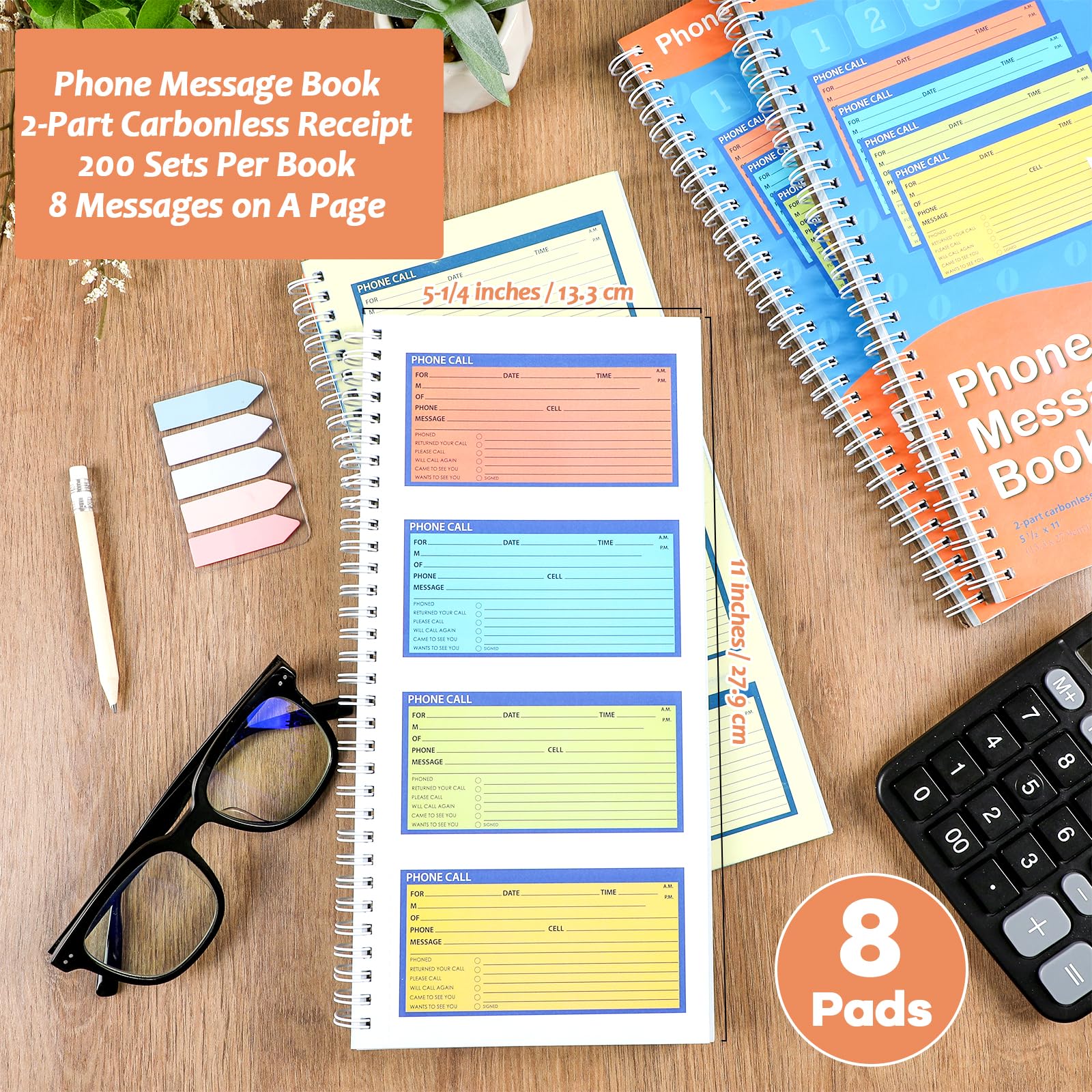 GISGFIM Spiral Bound Phone Message Book - 5.25x11 Inch Carbonless Duplicate Call Log Pad - Voicemail & While You Were Out Message Forms - 4 Messages Per Page for Office, Reception, Home & Customer Service Use
